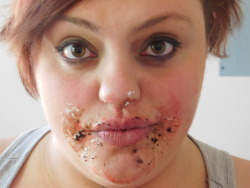 snotbowst1991:  hamgasmicallyfat:  Released my inner hog today on some delicious sweets &amp; had a great time doin’ it! Aww, I love how my face looks covered in cake! ;)(video coming soon)  Ugh that face is too cute. Also that second pic gives me Harley