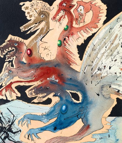 ochyming:   Salvador Dalí  1904-1989  SCYLLA ET CHARYBDE, 1970  gouache, watercolour and pen and ink on paper 45 x 38 cm. | 17 ¾ x 15 in. 