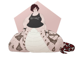 sweetpseudopod:  sweetpseudopod: sweetpseudopod:  Heya everyone! Meet Vozni, a chubby red-tail boa naga who loves food and tummy rubs. We’re seeing him at his canon summer weight - but we needs our help to reach his winter weight! I decided to hold