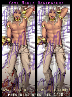 petradragoon:  Hey guys! Sorry for being MIA! I had a few requests to make a Yami Marik Dakimakura, so I did!! ^_^ They’re available in with or without blood versions until 1/30 [JANUARY 30TH] at my StoreEnvy: http://petraii.storenvy.com/ Please note