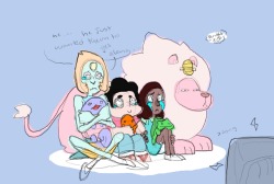 Pearl, Steven, and Connie watch Pokemon the Movie. Starring Lion as Meowth.