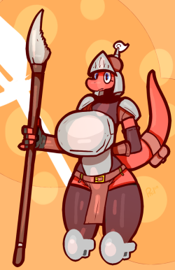 sirphilliam:A still picture of Red Knight that isn’t her naked.  She’s a heavily chested lizardwoman who favours herself an adventuring knight.  She specializes in Polearm combat and does generic fetch quests and general do-gooder behaviour.  She