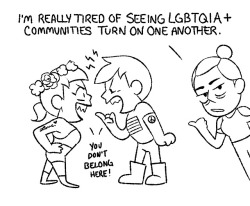 dresdoodles: I’m tired of seeing biphobic lesbians, transphobic wlw and mlm, lesbophobic gay men, aphobic queer folks, misogynists and trans-misogynists who think they’re helping by actively shunning and gatekeeping our own communities.  The LGBTQIA+