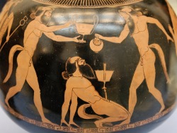 via-appia:Saucy Saturday and our ol’ pal Silenus is up to something on this Attic red-figured psykter (ancient Greek wine cooler). Signed by Douris and created c. 500 - 490 BC.