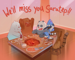 nooreekim:  Violet Louie and I did a mini collab goodbye card for Saratep who’s leaving us for Regular show!  WE GON MISS YOU SARA T_T 