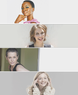 ninelivesremember:Current Regular Cast of The Walking Dead — Leading Ladies  Danai Gurria (Michonne), Lauren Cohan (Maggie), Melissa McBride (Carol), and Emily Kinney (Beth) 
