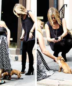 monica-geller: Walking through New York’s West Village, Jennifer Aniston was stopped in her tracks when she spotted a lady with a tiny dachshund. Bending down to pet the tiny pooch, she took photos on her phone before continuing on her way.