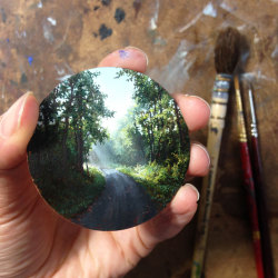 plantyr:  culturenlifestyle:  Miniature Landscape Paintings by Dina Brodsky Dina Brodsky’s miniature paintings combine her two passions: cycling and miniature painting. Her landscape paintings depict the view of cycling sceneries of beautiful nature