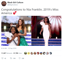 securelyinsecure:  Miss New York Nia Imani Franklin Has Won the Miss America Pageant  A classical vocalist whose pageant platform is “advocating for the arts,” Franklin sang an operatic selection from the opera La Boheme. She won a โ,000 scholarship