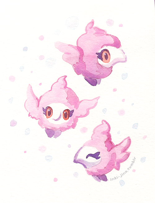 inki-drop:  Super duper quick watercolor sketches of one of my fave new pokemon, Spritzee. She’s so adorable…… like a flying pile of pink whipped cream. :D 