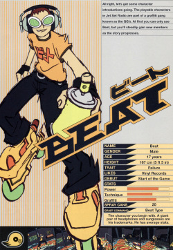 6eat:  here are my translations of the character profiles from the official jet set radio guide! this info doesn’t seem to be available in english anymore?? i put both the jsr guidebook (136 pages) &amp; the jsrf guidebook (98 pages) up for download