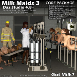 Milk  your hucows and cattle girls for all they are worth with the new Milk  Maids 3 core pack. It&rsquo;s loaded with pumps, milkers, feeders, restraints,  yokes a dairy room and more. It’s true! This is now available for Daz Studio 4.8  and Genesis