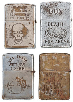 ohjeffreyno:  Engraved Zippo lighters from the Vietnam War. From Cowan’s Auctions 