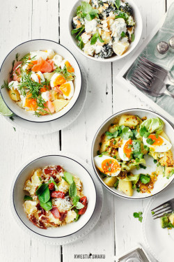 Foodopia:  Potato Salad: Broccoli, Almonds, Cheese, And Mint Smoked Salmon, Egg,