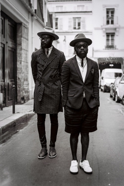 dpattinson:  Shaka Maidoh and Sam Lambert of Art Comes First, outside the Global Village / Avec Ces Freres Showroom in Paris 2014 Shot with a 1950’s Voightlander Bessa 2 rollfilm camera. Photo - David Pattinson 