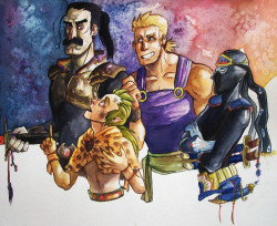 lychgate:  heyyoooooo i finally finished this thing i started about 4 months ago, anywho my favorite part in ff6 is these four bros there is such a dumb connection between the four its so great so i did a watercolor painting of them which kept going and