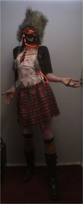 Okay, so this is a legit picture of my halloween costume for 2017. It’s ‘reanimated schoolgirl’ - the tube is clear with thick red liquid inside, and EL-wire to lighten it up. The goggles are reflective and have the infinity-style glow about ‘em. 
