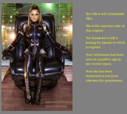 Her title is Sub Commander Alon. She is the supreme ruler of this outpost. Here female led world is looking for planets to which to expand. Your submission has been seen as a positive sign in her recent report. Now she has been instructed to test your