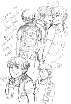 callmekitto:  pISS ON MY GRAVE shingeki no queer punk doodles, This AU Is Ruining My Life edition including but not limited to, the time armin got a head injury in a crowd at a show and Reiner was like “shit”, Marco and Armin sometimes make out because