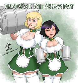 callmepo: Beerhall waitresses Peeg and Gogo. A little practice of a new technique and there are still a lot of bugs to shake out of my new coloring process. …also technically not late. We had the annual St. Patrick’s Day parade today in downtown Toronto.