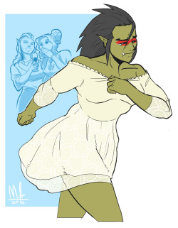 bigmsaxon:  /tg/ request for an orc girl in a pretty dress storming off after being teased by nobles at a fancy ball + bonus edit of an animu screenshot posted in response. 