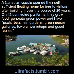 ultrafacts:  Powered by solar panels and sustained by a half-acre plot of farmland, these 12 connected buoyant platforms together form an autonomous off-the-grid dwelling for the couple that built the complex over the course of more than 20 years.Located