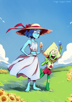 burger-kingler:  Summer’s almost over!! Lapis doesn’t really know what to do with a popcicle but at least Peri seems to be enjoying herself 