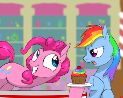 askcoppercog:  PP:  Aw come on, I just baked a fresh batch! I made this one just for you. You know you want to take a bite.RD:  I said no, thanks.PP:  A little lick?RD:  Pinkie Pie, I do not want any cupcakes!  x3