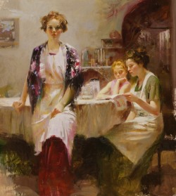 books0977:  Distant Thoughts. Pino Daeni (Italian, 1939-2010). Oil. In a warm, domestic kitchen interior, a mother and her daughters read what may be the mail recently delivered. The mother and younger girl go through a magazine while the older girl,