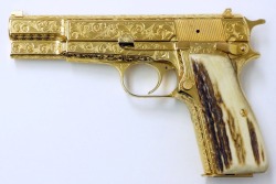 fmj556x45:  Browning Hi Power 9mm Para caliber pistol. Fantastic custom engraved and gold plated model with full coverage scroll and genuine Stag grips. 
