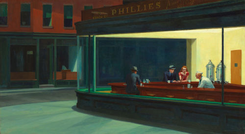 idratherstayin:  besturlonhere:  June 7th, 1942: Edward Hopper completes his best known painting, the seminal Nighthawks. When asked by a Chicago Tribute reporter about the philosophical meaning behind the diner having no clearly visible exits Hopper