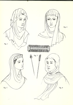 mediumaevum:    I hope this will help with your reenactments and fanart. :) Anglo-Saxon (600 – 1154): Simple Veils, Head-tires, Combs, and Pin Norman (1066-1154): Couvre-chef, hair uncovered, and extreme length Plantagenet (1154-1399): Wimple, Barbette,