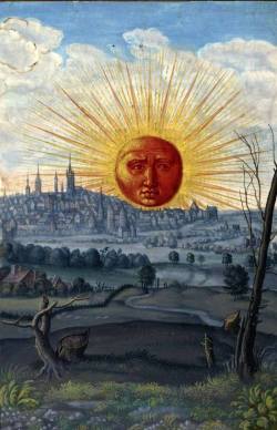 luz-sonriente:  Miniature of a Raising Sun and a  Black Sun (Sol Niger) setting on the outskirts of a city from ‘Splendor Solis’ (The Splendour of the Sun) a German illuminated alchemical treatise , dated 1582