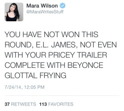 a-little-bi-furious:  feministpokemonmaster:  cinematicnomad:  apparently e.l. james called former child star mara wilson (matilda) a “sad fuck” for critiquing the 50shades books a while ago and now there’s a feud. i love it.  I love you Mara. 