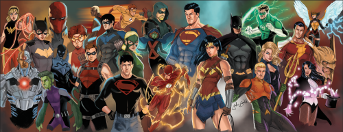 jakebartok:  Commission piece. Wanted characters from Justice League, Teen Titans and Young Justice. Was inspired by the Marvel works of Marko Djurdevic. Was a real challenge fitting so many characters in.