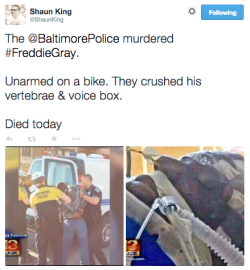 blackmalehair:  greeneyes-anddimples:  freetharobots:  17mul:  sarahcatface:  revolutionarykoolaid:  Every 28 Hours (4/19/15): A week ago, 27-year old Freddie Gray was arrested for an undetermined (and probably imagined) offense by the Baltimore police.