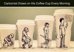 tastefullyoffensive:  Cartoonist Josh Hara Draws on His Coffee Cup(s) Every Morning [more]Previously: How to Get 10% Off Your Order at Not a Burger Stand