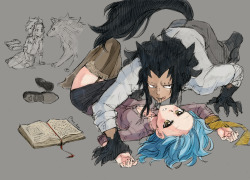 inksterlol:  dancingani:  rboz:  Gajevy Werewolf AUIn which Levy and Gajeel work in the same office and accidentally discovers his secret. They get closer after Levy finds an injured “dog” who she takes home with and ta-da~ it transforms into her
