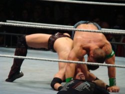 wweass:  I don’t know which is hotter: Miz in a backbend, or Cena’s huge ass in the air! Any thoughts?  Miz showing off that awesome bulge!! O.o