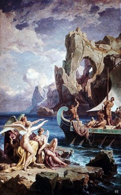 The Odyssey - Odysseus escapes  the lure of the Sirens. 1859-83. Friedrich Preller the elder. German 1804-1878. mural. Weimar Museum.  
