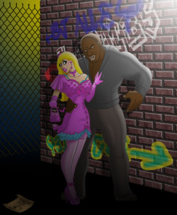 bimbofied white sissy who is about to be used in a dirty alleyway by a big black guy (by tranart)