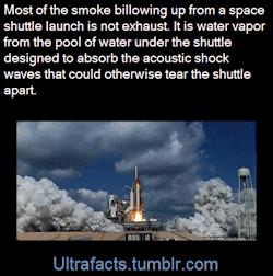 ultrafacts:During a launch, 300,000 U.S. gallons of water are poured on the launch pad.  Most of the giant white clouds that billowed around the shuttle at each launch were water vapor generated as the rocket exhaust boiled away huge quantities of water.
