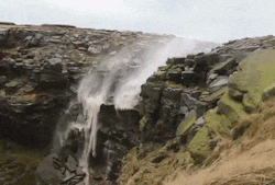 Strong winds make waterfall run backwards The River Kinder is a river only about 3 miles long, in northwestern Derbyshire in England. Normally it cascades 80 ft (24 m) as the Kinder Downfall. But in the strong winds of ex-hurricane Gonzalo, the river