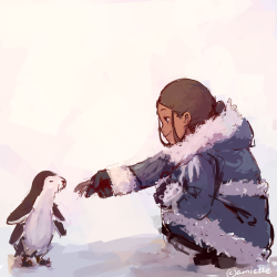 transtenzin:amiette-art: 🐧🐧🐧 [ID: a digital drawing of Katara from Avatar: the Last Airbender. She is dressed in her blue Water Tribe coat that is lined with white fur, and kneels down on the ground with a small smile to hold out a small fish