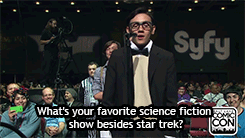 science-officer-spock:Leonard Nimoy at Salt Lake Comic Con 2014Fan: What’s your favorite science fiction show besides star trek?Leonard Nimoy: I really…I didn’t realize that there are other science fiction shows besides Star Trek.Leonard Nimoy: