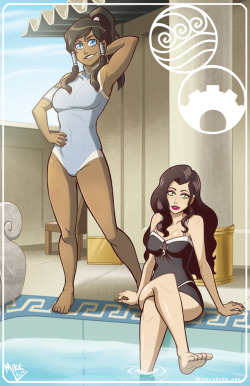 grimphantom:  mikeluckas:  Commish time! This time it’s Korra and Asami poolside. I always kind of thought Korra’s shirt was actually a swimsuit and she just wore pants over it. She’s always ready for a swim!  That would’ve been great!  actually