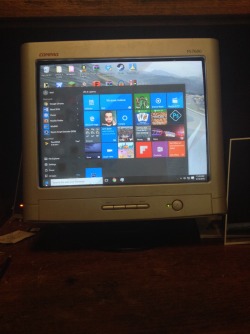 linguisticparadox:  milquetoast-is-unsung:  wolfpratt: Our monitor broke , so we have to temporary replace it with a really old one in our basement. So now here’s Windows 10 on a monitor from like 2000.  Cursed image   Dude my second laptop was a compaq!