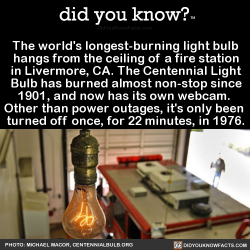 did-you-kno:  The world’s longest-burning light bulb hangs from the ceiling of a fire station in Livermore, CA. The Centennial Light Bulb has burned almost non-stop since 1901, and now has its own webcam.  Other than power outages, it’s only been