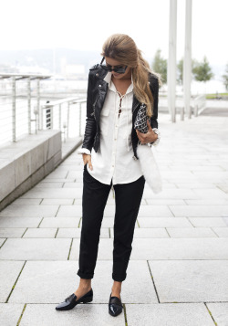 collegegirlcareer:  justthedesign:  This white lace up blouse looks ultra cool with black cigarette trousers and a leather jacket. Via Annette Haga.   Jacket: The Kooples, Shirt: Zara, Clutch: By Malene Birger, Pants: Helmut Lang.  Love the black