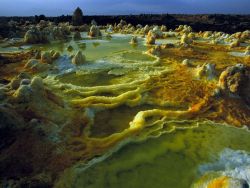 voulx:  Danakil desert. Dallol, Ethiopia  Located in a region of Ethiopia so remote it’s only accessible by camel, Dallol is considered to be the hottest place on Earth, with an average temperature of 94°F. The settlement has been uninhabited for decades